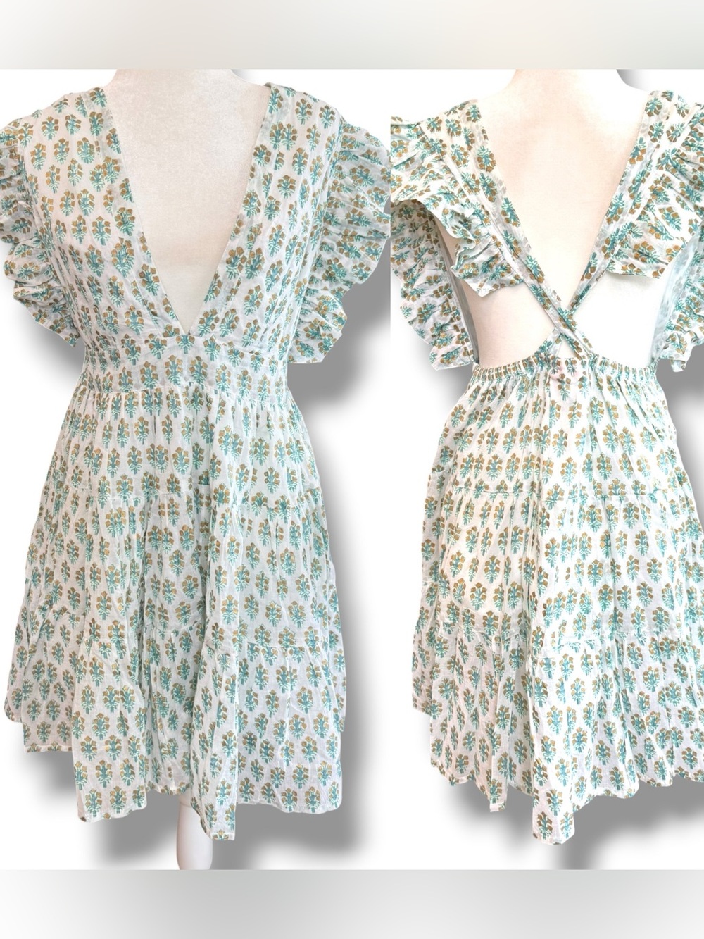 NWT Oliphant Crossback Mini White Gold Block Print Cotton Dress Sz M